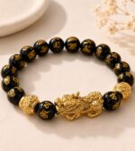 Feng Shui Black Obsidian Pixiu and Om Mani mantra beaded bracelet